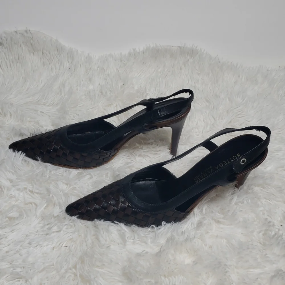 Bottega Veneta Black Woven Leather Pointed Slingback Platforms